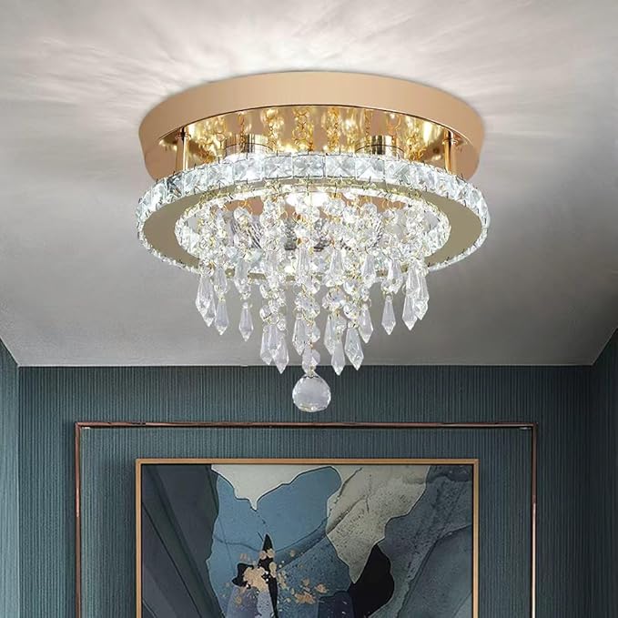 Deckrico Modern Gold Crystal Chandelier 11.8" LED Ceiling Light, Flush Mount Lighting Fixture for Bedroom, Hallway, Kitchen, Dining Room – Cool White
