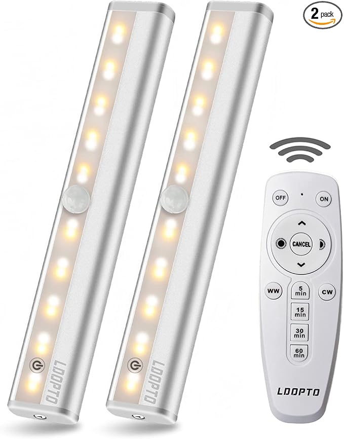 LDOPTO Under Cabinet Lights Wireless Battery Operated Lights with Remote Control LED Closet Lights Counter Wall Lights Without Wiring with Remote for Kitchen Shelf Hallway, Multiple Colors 2 Pack