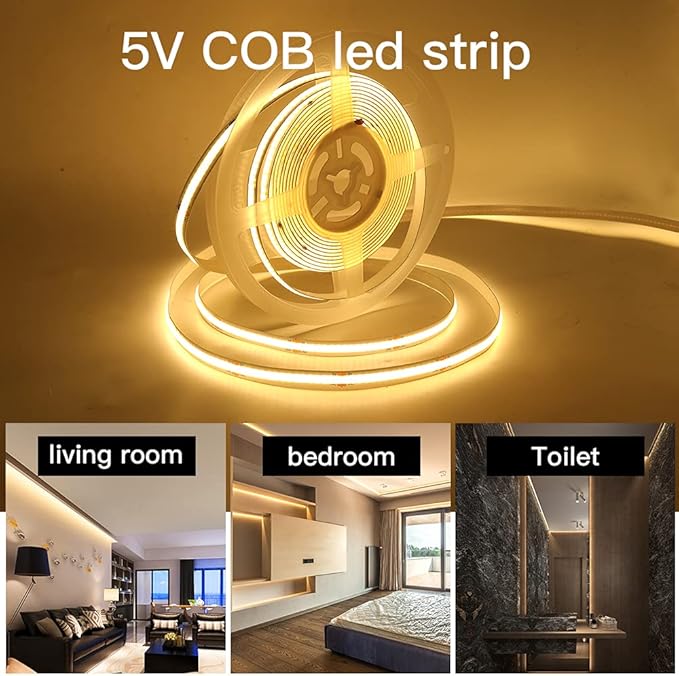 Cob Led Strip Lights, 5 Meters/16.4 FT Long 8MM/ 0.32 Inch Wide 5V LED COB Light High Density 320LEDs/m Flexible LED Lamp Tape Home Decoration, Warm White, USB Plug Without Dimmer