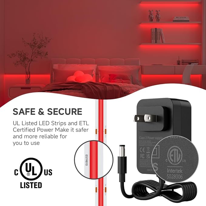 BTF-LIGHTING COB LED Strip Light 12V 16.4FT UL Listed, Red Color Dimmable High Density Flexible Tape Light with RF Remote & ETL Power Adapter, Ultra Bright for Bedroom Kitchen Home Indoor Lighting