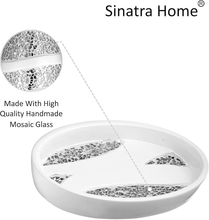 Zahari Home 4pc Sinatra Stylish Bathroom Accessories Set White Soap Dispenser, Tumbler, Tooth Brush Holder and Soap Dish Modern Classic Luxury Decor Bling Mosaic Glass White Bathroom Accessories