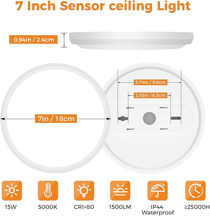 slochi 2 Pack Motion Sensor Light Indoor Wired, 5000K Closet Lights Motion Sensored, 15W 1500LM 7 Inch LED Ceiling Light Fixture for Doorway Hallway Stairwell Porch, White