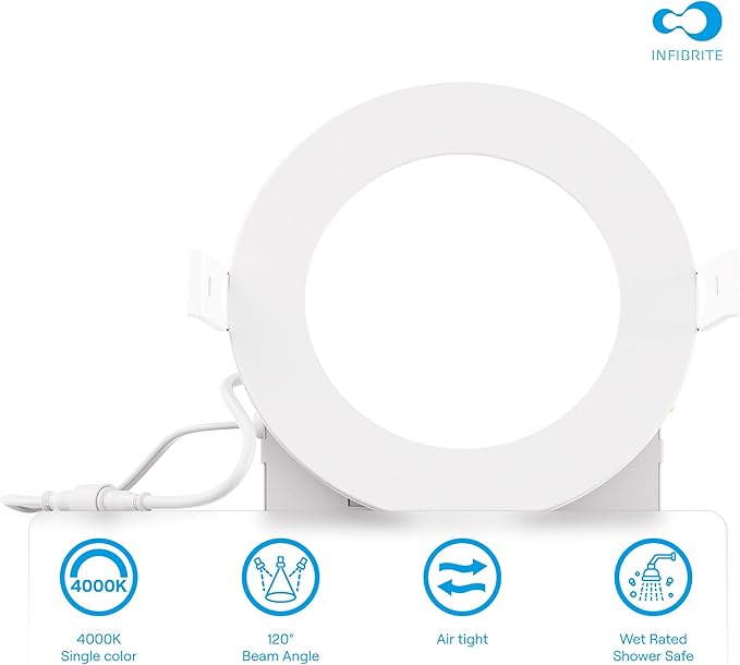 INFIBRITE 4 Inch 4000K Cool White 9W 750LM Thin LED Ceiling Light Kit, Dimmable, Wet Rated