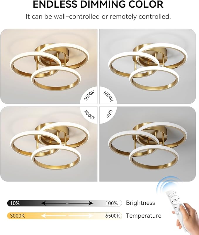 Dimmable LED Semi Flush Mount Ceiling Light Fixture with Remote Control 3-Color Dimming Circle Modern Chandelier, Close to Ceiling Bedroom Kitchen Hallways Balcony Corridor Lamp (15in- 3 Ring Gold)