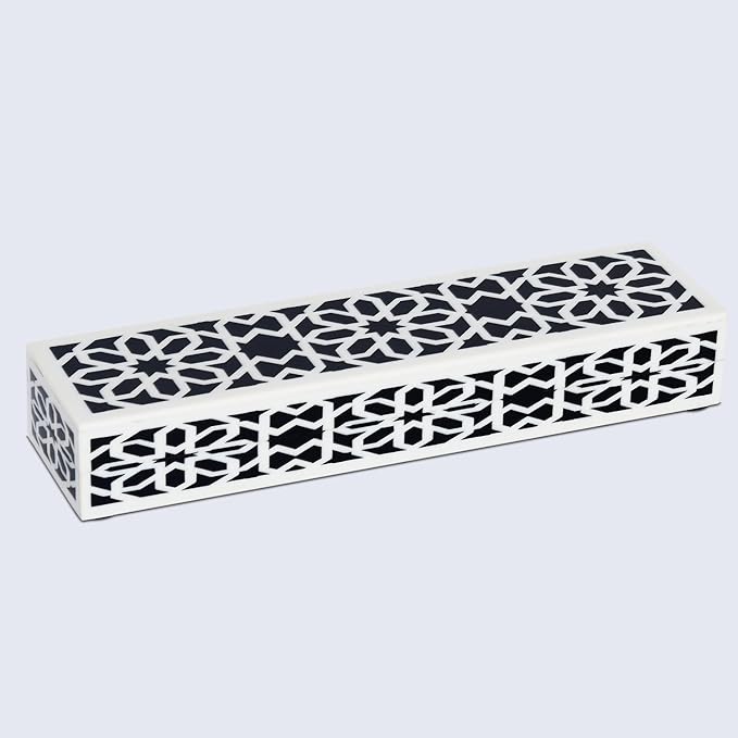 Handicrafts Home Decorative Storage Box with Lid, Black White Shiraz Geometric Pattern Remote Holder, Slim Coffee Table Box, Persian Rosette Lattice Organizer for Shelf & Desk, Shiraz 10x2.5x1.5
