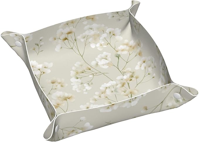 Tiny White Flowers Clusters Minimal Leaves Valet Tray Leather Portable Tray Desktop Storage Organizer Bedside for Men Women Jewelry Keys Coin Candy Sundries