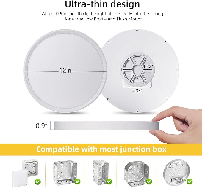 4PK 12 Inch LED Flush Mount Ceiling Light, 24W, 2520LM,3000K/4000K/6000K CCT Selectable, Round Flat Panel Low Profile Ceiling Light Fitures for Hallway, Kitchen, Bedroom, Laundry Room,White