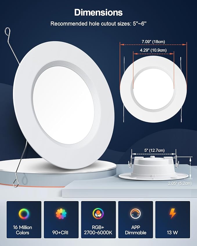 Smart Recessed Lighting 6 Inch, RGBCW Color Changing Smart Can Light Bluetooth Connect, Flicker Free, 13W 1300LM, Dimmable Retrofit Downlight Works with Alexa Voice & App Control, ETL, 6 Pack