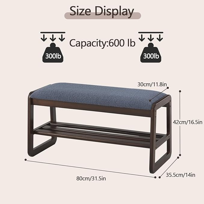 Shoe Rack Bench,2 Tier Solid Wooden Entryway Bench with Shoe Storage, Shoe Rack with Cushion for Living Room, Hallway(Grayish Blue, 31.5")