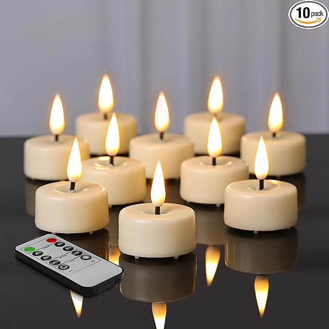 Eywamage Ivory Flameless Wax Tealights with Remote Batteries, Flickering Realistic LED Tea Votive Candles Set of 10