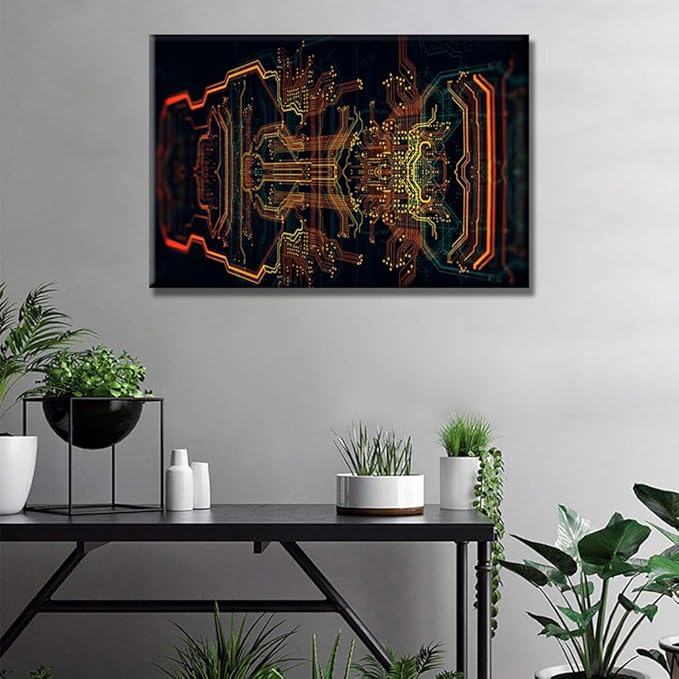 LSIUHWUWI Canvas Wall Art Circuit Board Art Wall Pictures for Living Room Computer Chip Wall Painting House Decoration CPU Concept Bedroom Wall Decor Modern Artwork Framed Ready to Hang 16X24 INCH