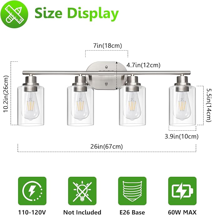 Ascher 4-Light Bathroom Light Fixtures, Modern Vanity Lights with Clear Glass Shade, Brushed Nickel Wall Lamp for Bathroom Mirror Hallway Cabinet Porch
