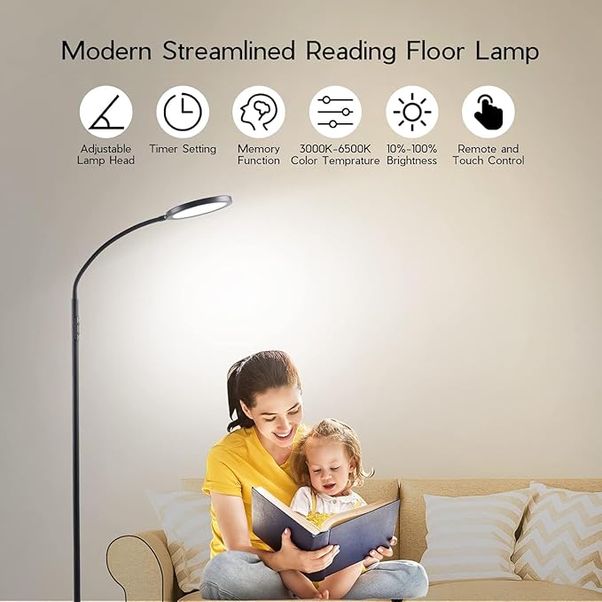 Tenmiro Dimmable Floor Lamp,Super Bright Modern LED Lamps Custom Color Temperature Standing Lamp with Remote Push Button Control,Adjustable Gooseneck Reading Floor Lamp for Living Room Bedroom Office