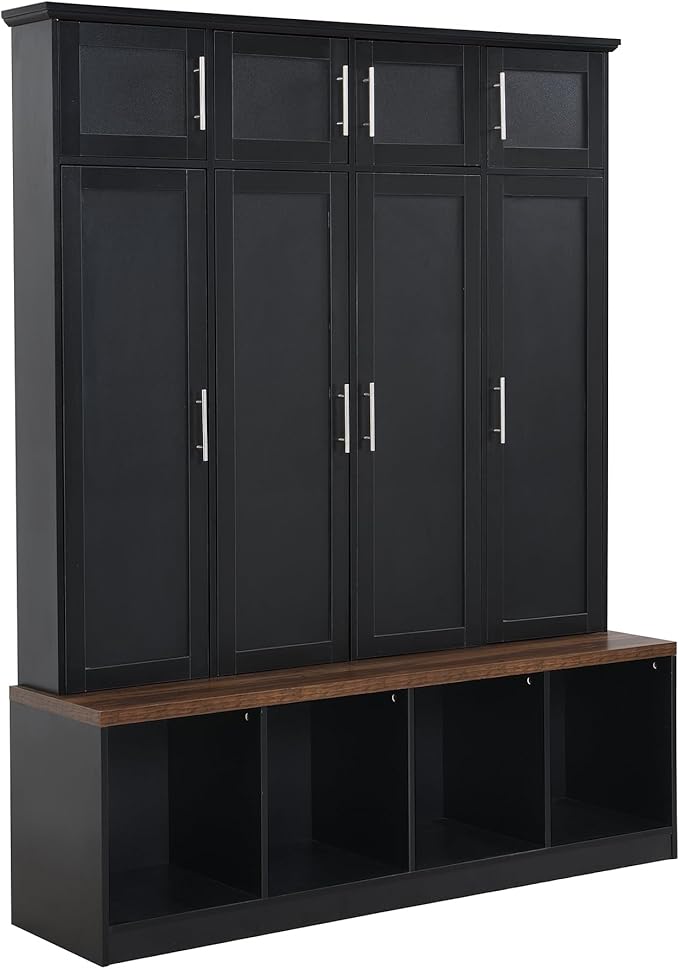 Multi-Functional Hall Tree with 4 Hidden Hanging Hooks, Brown Wood Grain Bench with Multiple Storage Space, Entryway Cabinet with Open Compartments for Living Room, Hallway (Black-15.6)