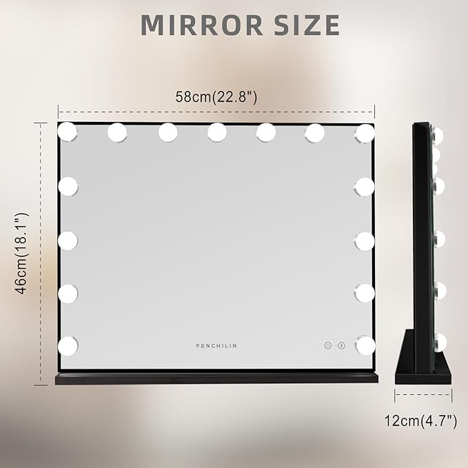 FENCHILIN Hollywood Vanity Mirror with Lights and Bluetooth Speaker Makeup with 15 Dimmable Lighted LED Bulbs Tabletop or Wall-Mounted for Dressing Room Bedroom