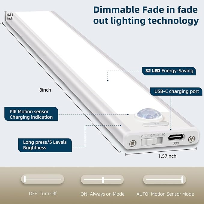 4 Pack Under Cabinet Lighting, Rechargeable Motion Sensor Light Indoor, Wireless Dimmable Magnetic Closet Lights, 32 LED Under Counter Lights for Kitchen, Wardrobe, Stairs, Warm Light