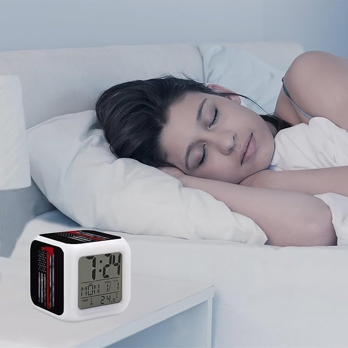 Firefighter Axe Red Line Flag Alarm Clock,Digital Temperature Display Color-Changing Alarm Clock LED Display Screen Mini Clocks for Office Living Room Bedroom