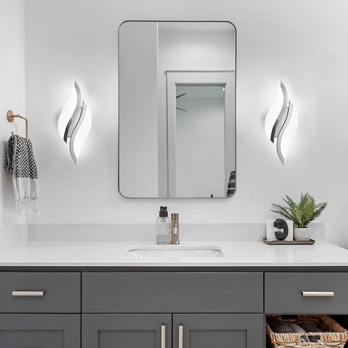CANEOE Modern LED Wall Sconce 6000K Chrome Indoor Wall Light Fixtures Acrylic Wall Sconce Lighting for Living Room Bedroom Bedside Bathroom Hallway Stairway Wall Lamp (Chrome, 2 Packs, 6000K)