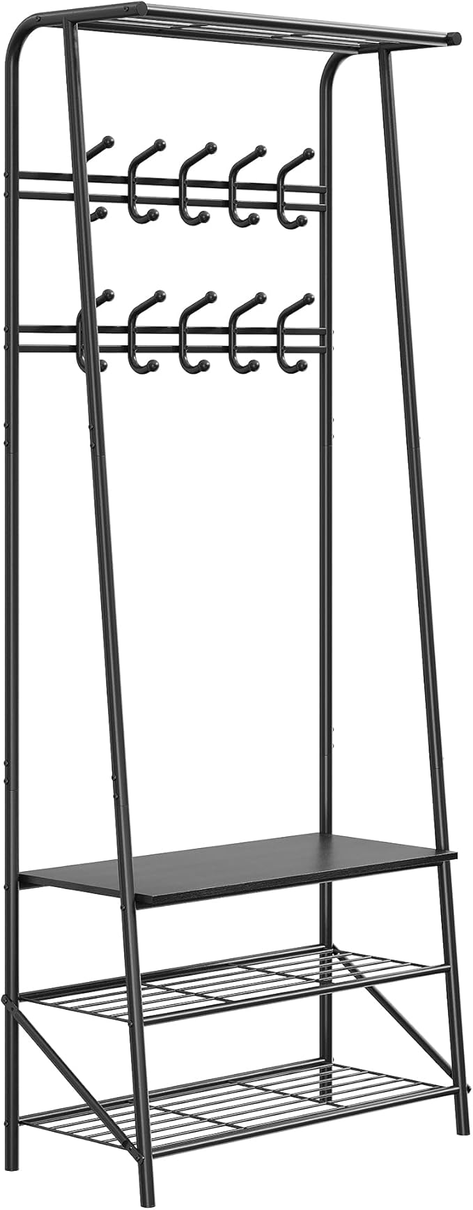 Entryway Hall Tree Coat Rack with Shoe Storage Bench, 10 Hooks & Clothes Rail – Wood Look, Metal Frame – Multifunctional Organizer for Hallway, Black – Double Row Hook, 60cm Wide, Black