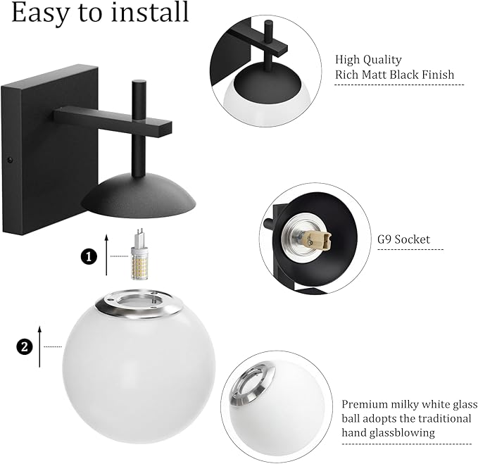 Ralbay Black Indoor Wall Sconces Set of 2,Mid Century Modern Bathroom Wall Lighting Fixtures Milky Glass Wall Lamp for Bedroom Living Room Vanity Hallway, Matte Black (Exclude Bulb)