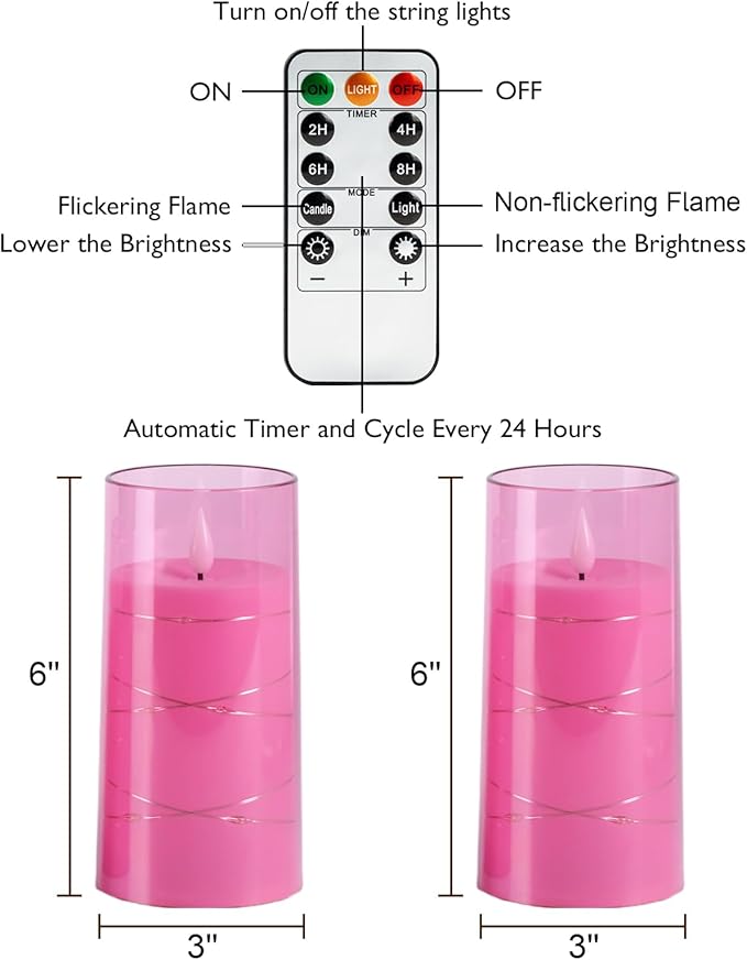 Homemory Flameless Candles with Embedded Star String Fairy Lights, Battery Operated Candles, LED Candle, Fake Candles with Remote Control and Timer, Pink, Set of 2(H 6" 6")