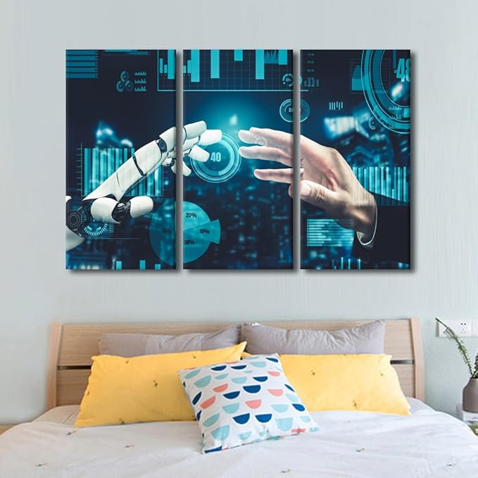 TUMOVO 3 Panels Wall Art Canvas Print Robot Paintings AI Intelligence Pictures Prints on Canvas Contemporary Wall Decor Modern Artwork Giclee Gallery-Wrapped Framed Ready to Hang, 60" Wx40