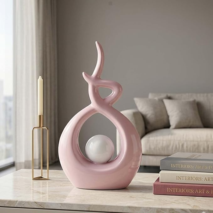 Pink White Modern Sculpture Table Decorations, Ceramic Knick Knacks Statues for Living Room Decor, Tv Stand and Desk Decor, Suitable for Coffee Tables and Shelf Decorations, Great Gift Idea