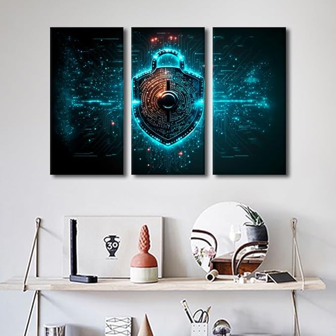 3 Panel Modern Wall Art Contemporary Posters and Prints, Big Data and Cybersecurity Conceptual Artwork Modern Home Wall Decorations Wooden Framed Gallery-Wrapped, 42" Wx28 H