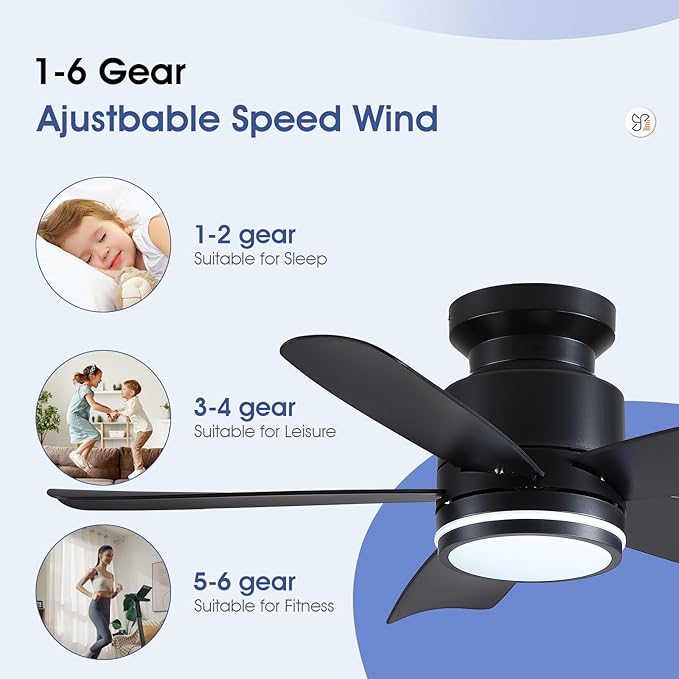 Ceiling Fans with Lights and Remote Control, 41 inch Low Profile Flush Mount Ceiling Fan, 3 CCT LED Dimmable Lights 5 Reversible Plastic Blades 6 Speeds for Bedroom Living Room, Black