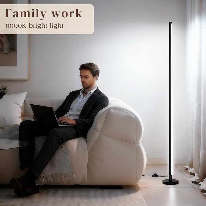 Corner Lamp, Minimalist Floor lamp with Remote Control, Dimmable Corner Light,Corner Floor Lamp for Living Room, Bedroom, Home Office, 7 Color Temperature 3000K-6000K (black-56.7in, 1 Pack)