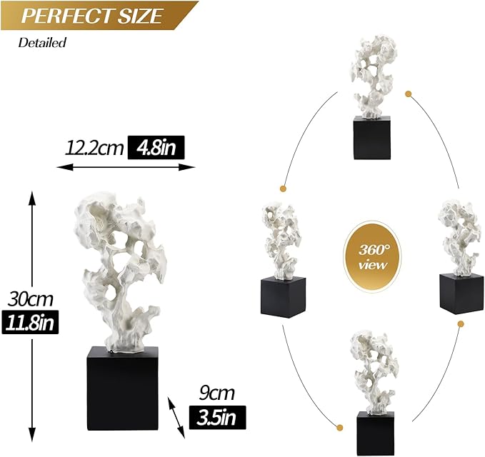 Modern Abstract Sculpture - 11.8" Stone Home Decor, Resin White and Black Art Statues for Living Room, Coffee Table Centerpiece, TV Stand Shelf Bookshelf Decorations