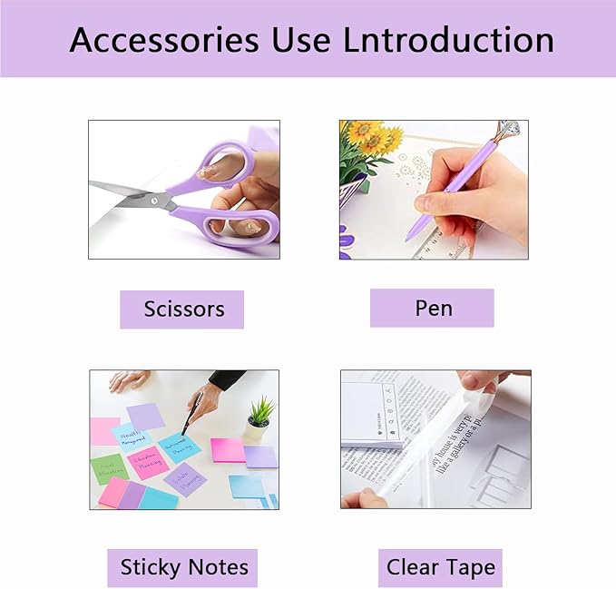suniya Office Supplies,Desk Accessories,Tape Holder,Stapler,Scissor,Staple Remover,Box of Binder Clips,Staples,Ballpoint Pen,Sticky Notes,Clear Tape,Ruler,Office Supplies Set Purple