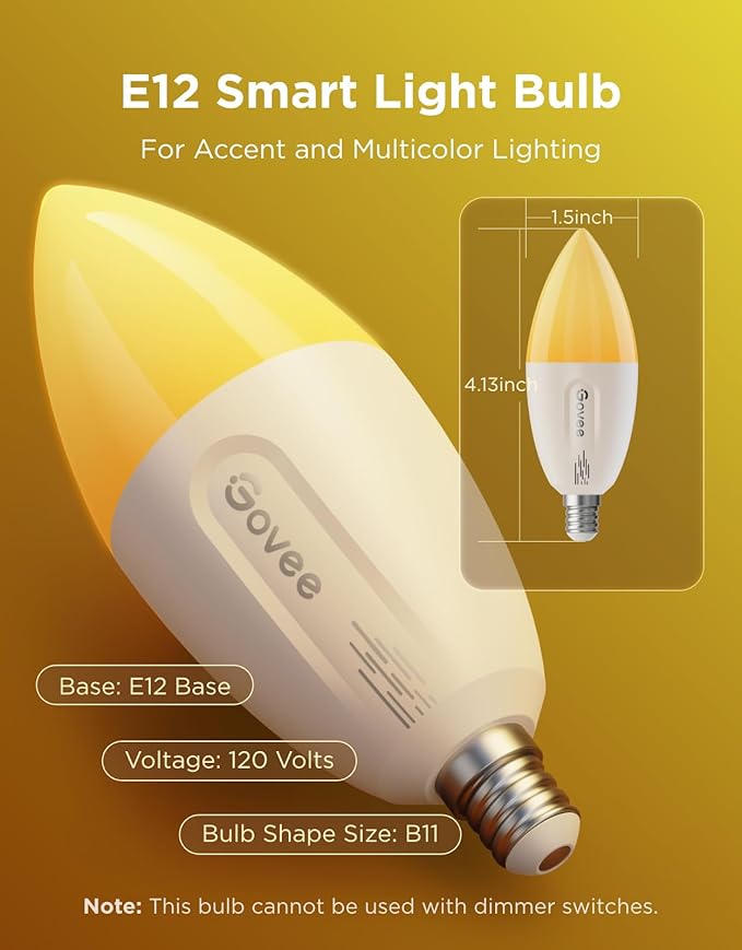 Govee E12 Led Bulb, Smart Light Bulbs Work with Matter, Alexa, Google Assistant, WiFi Candelabra Bulbs 40 Watt Equivalent, RGBWW Color Changing Light Bulb, 2.4GHz Only, 450 LM, 6 Pack