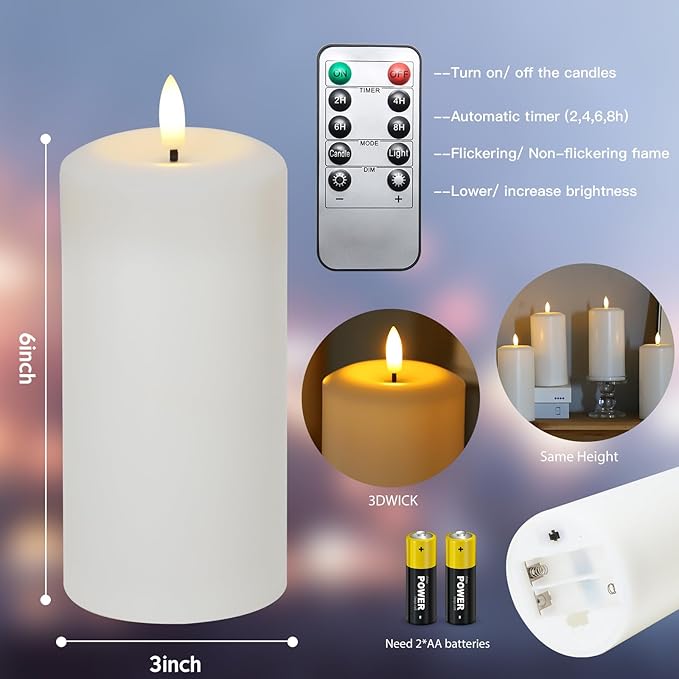 Flameless Candles Battery Operated with Remote and 2/4/6/8 H Timer, 6pcs Flickering Fake Electric Candles for Festival Wedding Home Party Decor (D3 x H 6") (White)