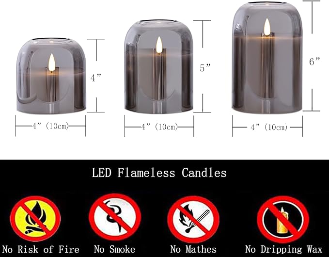 Gray Glass Flameless Candles Set of 3 (Φ 4" H 4" 5" 6") with Remote Battery Operated Flickering LED Pillar Candles Real Wax 3D Wick