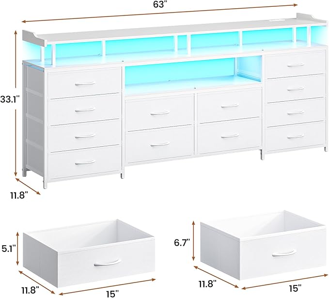 BTHFST 12 Drawers TV Stand Dresser for 65/70 inch TV, Entertainment Center with LED Lights & Power Outlets, 63" Large LED TV Stand, TV Console for Bedroom