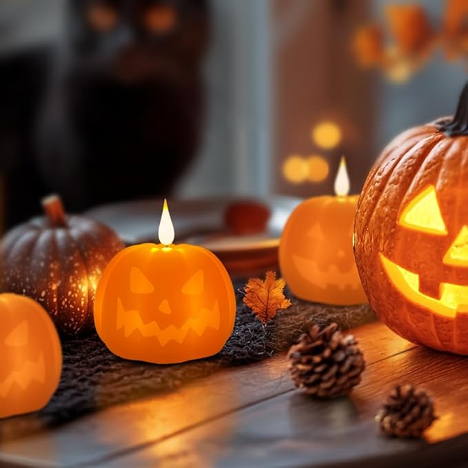 Rechargeable Flameless Candle, Flameless Pumpkin Candle with Timer Remote,LED Real Wax Pumpkin Lamp,Room Bedroom Table Decor, 1 Set of 2