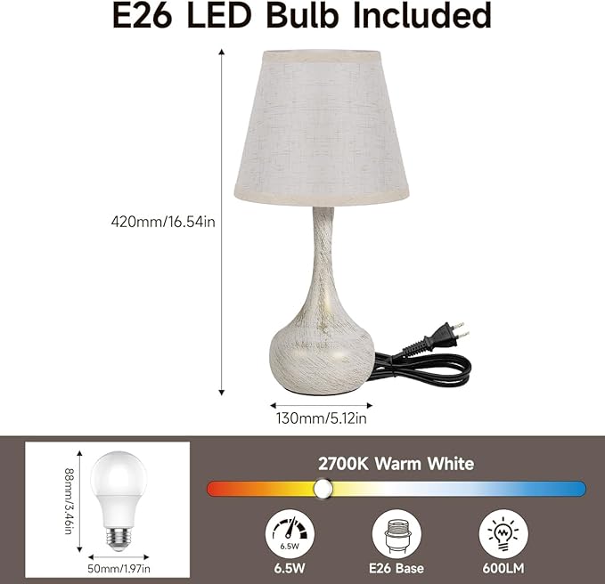 Touch Table Lamp for Bedroom Set of 2, Farmhouse 3-Way Dimmable Bedside Lamps for Nightstand with Fabric Shade