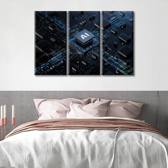3 Pieces Artificial Intelligence Concept Canvas Paintings Computer Processors CPU Bedroom Wall Art Home Decor Bathroom Decor Wall Art Modern Artwork Ready to Hang for Living Room Office 60"Wx40"H