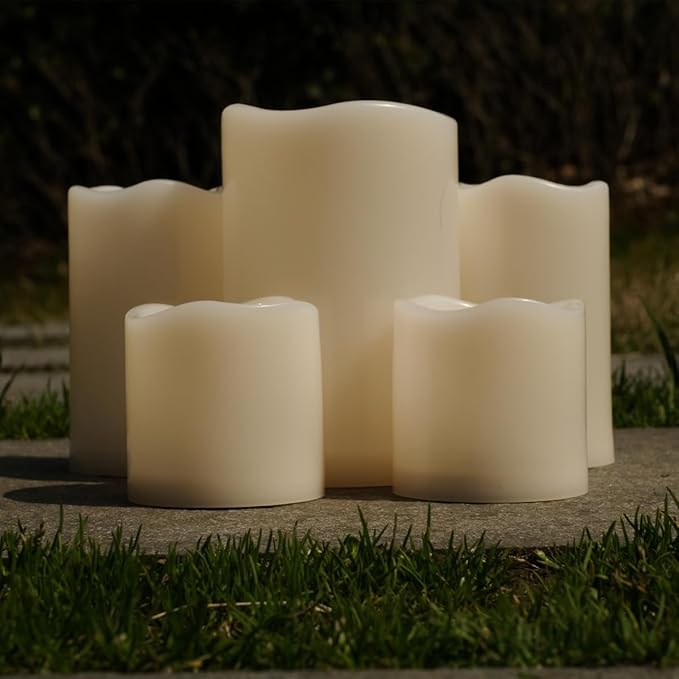 NONNO&ZGF 5 Pack Outdoor Waterproof Flameless Candles, Remote Battery Operated LED Resin Rainproof Pillar Candles (1pcs 4" x 6", 2pcs 3" x 5", 2pcs 3" x 3")