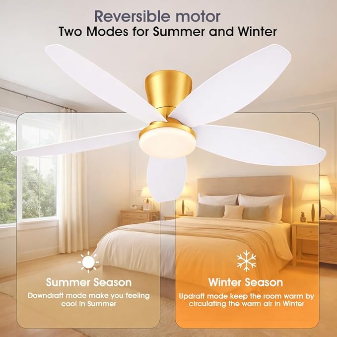 42" Ceiling Fans with Lights-Low Profile Ceiling Fan with Light and Remote/APP Control,Flush Mount Gold Ceiling Fan with Reversible White Blades