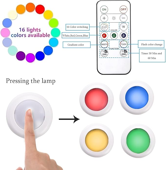 Hbaushun LED Puck Lights 6 Pack,16 Color Changeable Wireless LED Cabinet Lights,Battery Operated Night Light with Dimmer & Timmer for Bedroom,Closet, Kitchen,White