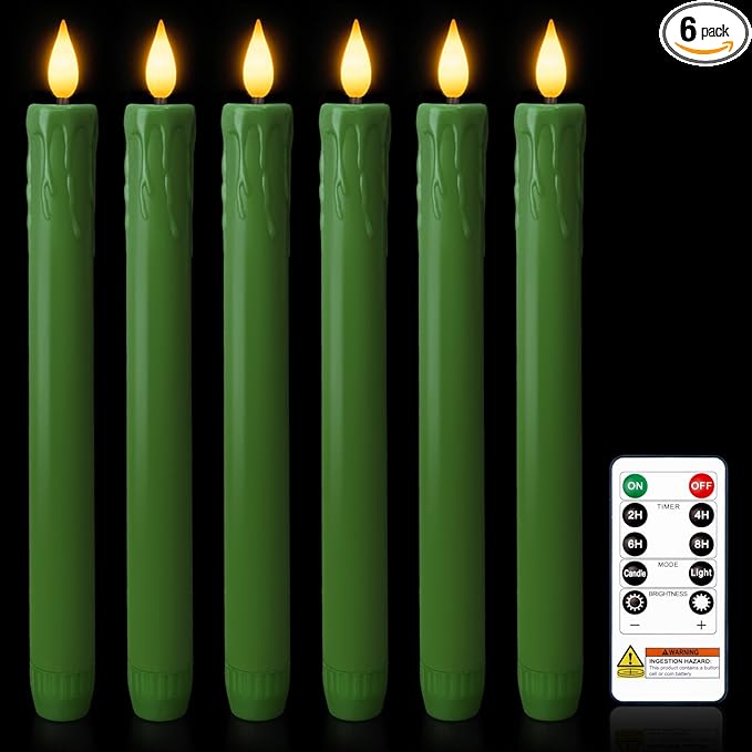 Homemory 6 Pcs Real Wax Green Flameless Taper Candles with Remote Timer, 9.6 Inches LED Fake Candlesticks, LED Candle with 3D Flickering Flame for Romantic Wedding, Dinner, Xmas Anniversary Decor