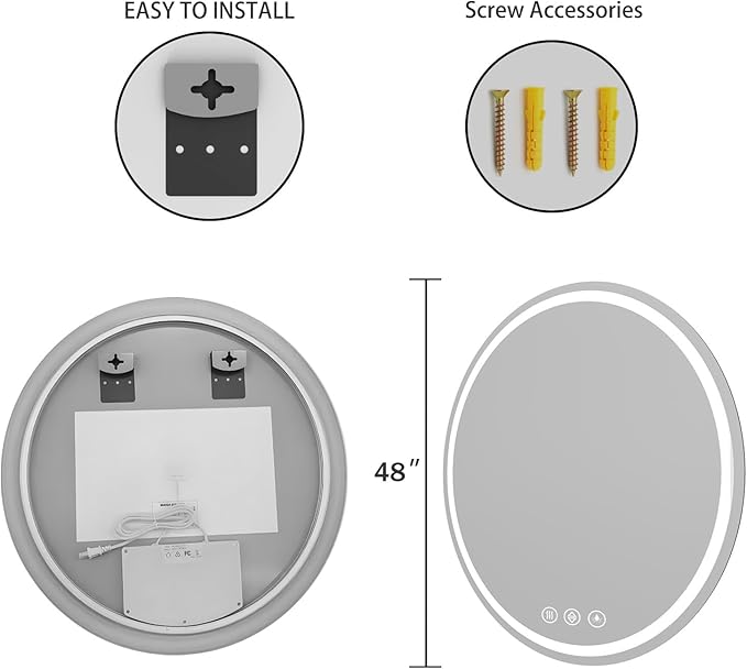 LED Bathroom Mirror 48 Inch Round Bathroom Mirror with Lights, Circle LED Mirror, Wall Mounted Lighted Bathroom with 3 Colors Brightness, Anti-Fog, Dimmable, Shatter-Proof