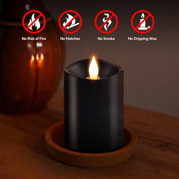 3x4 Flickering Flameless Candles Set of 1,Real Wax Pillar led Candles Flickering,with Timer,4 inch Flameless Candles with Remote,for Holiday Home Decor Party,Black