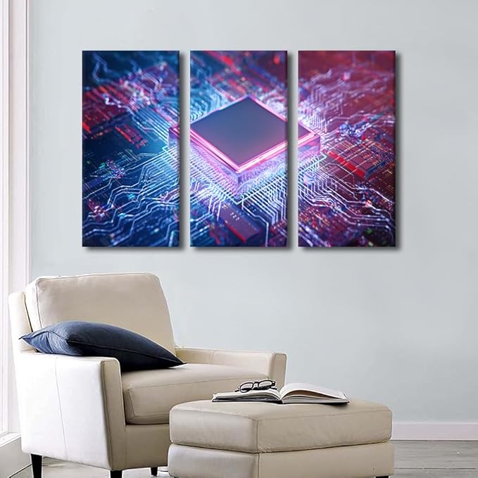 TUMOVO 3 Panel Canvas Wall Art Motherboard Digital Chip Modern Artwork Wall Decor CPU Concept Pictures Bathroom Decor Wall Art Circuit Board Bedroom Print on Canvas Framed Ready to Hang(24" Wx36 H)