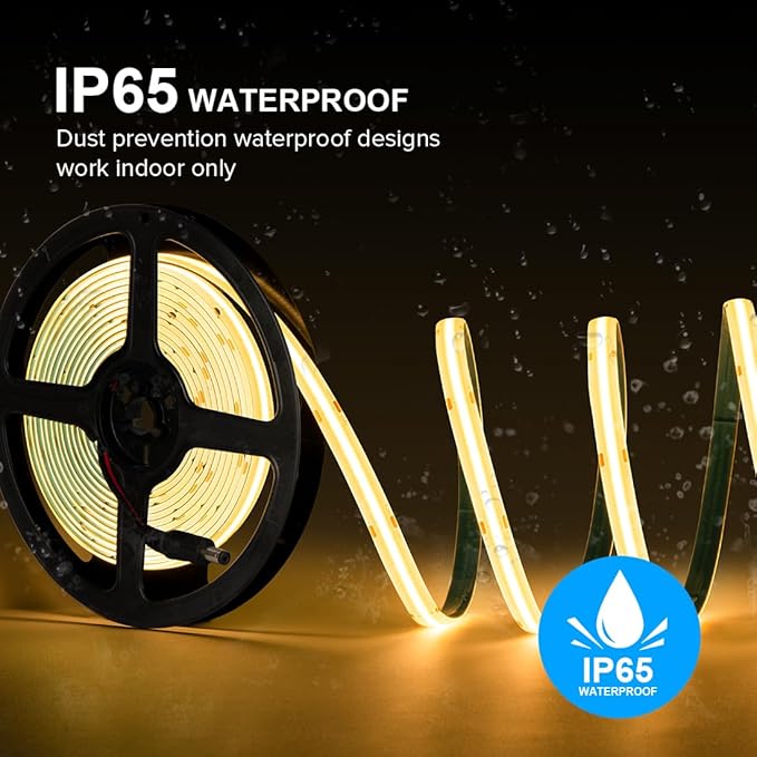 16.4FT COB LED Strip Light IP65 Waterproof DC12V 2700K Warm White Dimmable Strips, 320LEDs/m High Density Flexible Uniform Lights for DIY Home Decor, Cabinet, No Adapter/Controller