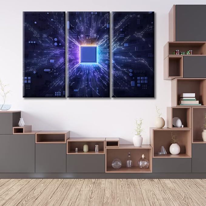 CPU Concept Wall Decor Posters and Prints 3 Panels Circuit Board Pictures Wall Decor for Bedroom Art Prints Giclee Wooden Framed Gallery-Wrapped Ready to Hang (42" Wx28 H)