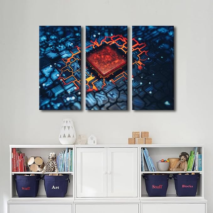 3 Pieces Canvas Wall Art Motherboard Digital Chip Wall Decor for Living Room Computer Processors CPU Artwork Posters and Prints Giclee Modern Decor Framed Gallery-Wrapped Ready to Hang(24" Wx36 H)