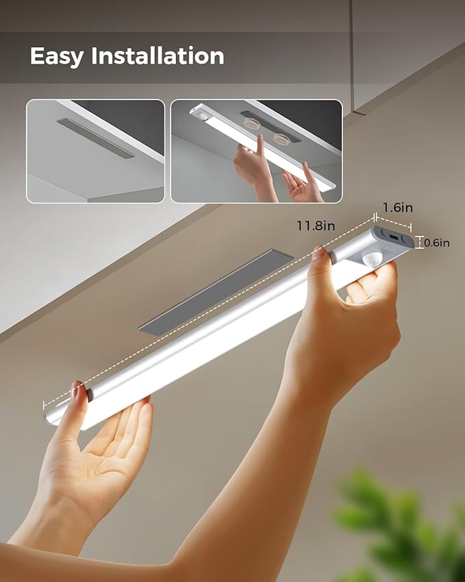 2 Pack 11.8" Motion Sensor Cabinet Light, Under Cabinet Lighting with 4 Modes (Auto Night/Day/Always On/Off), 3 CCT & Stepless Dimming, USB Type-C Charging, for Kitchen, Stairs